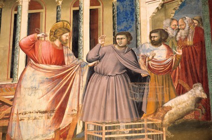 Italy, Venetia, Padua, Scrovegni chapel, frescoes by Giotto (Jesus chasing away the merchants with his fist raised)