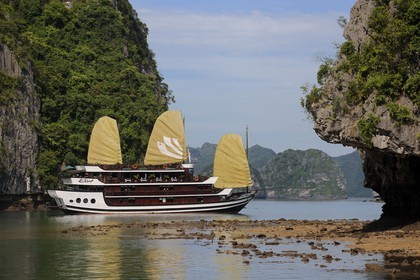 Vietnam, Quang Ninh Province, Halong Bay, listed as World Heritage by UNESCO, Bahya cruises luxury junk at Bo Hon island