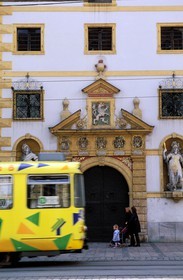 Austria, Styria, Graz, historic center listed as World Heritage by UNESCO, tram in front of the main entrance from the Arsenal (Zeughaus) from 1642