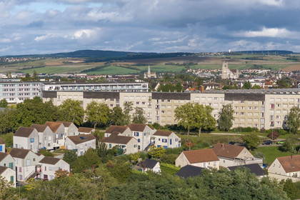France, Yonne, Auxerre, Brichères eco-district in the Hauts d'Auxerre and Saint-Etienne Cathedral in the background (aerial view)