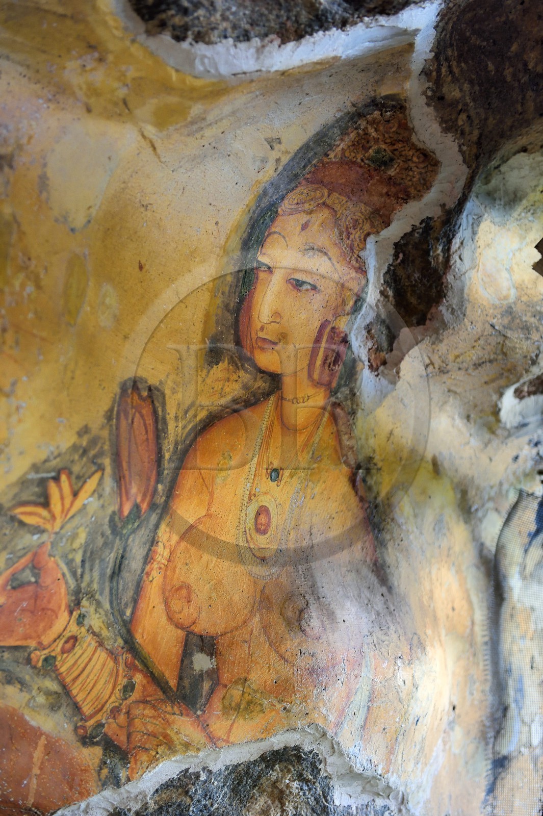 Sri Lanka, province centrale, district de Matale, Sigiriya, ville ancienne de Sigiriya classée patrimoine mondial de l'UNESCO, fresques peintes appelées Les Demoiselles de Sigiriya abritées dans une grotte du Rocher du Lion