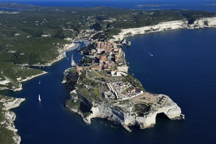 France, Corse du Sud, Bonifacio, the limestone cliffs, the citadel and the old town (aerial view)