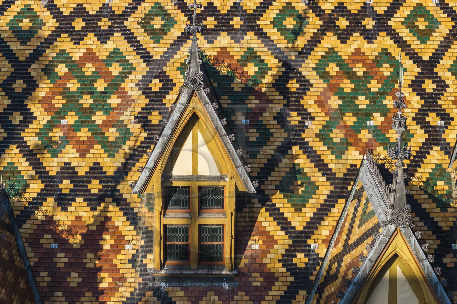 France, Côte-d'Or (21), Beaune, zone classée Patrimoine Mondial de l'UNESCO, Hospices de Beaune, l'Hôtel-Dieu, les toits couverts de tuiles vernissées et colorées (vue aérienne)