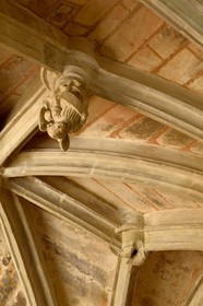 France, Dordogne,  Perigord Noir, Le Buisson de Cadouin, former cistercian abbey church, stage on the Camino de Santiago (Way of St. James) listed as World Heritage by UNESCO, the cloister of the 15th century, pending keystone representing an angel