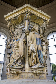 France, Cote d'Or, Dijon, area listed as World Heritage by UNESCO, Chartreuse de Champmol, the Well of Moses from 1395-1405, a masterpiece by the Flemish sculptor Claus Sluter, remains of a Calvary in the center of the large cloister, on the left the statue of the prophet Moses holding the tablets of the Law and of King David on the right