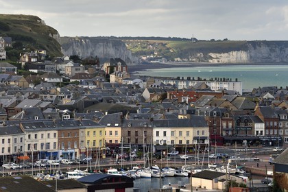 France, Seine Maritime, Pays de Caux, Cote d'Albatre, Fecamp, the port and the cliffs south of the city