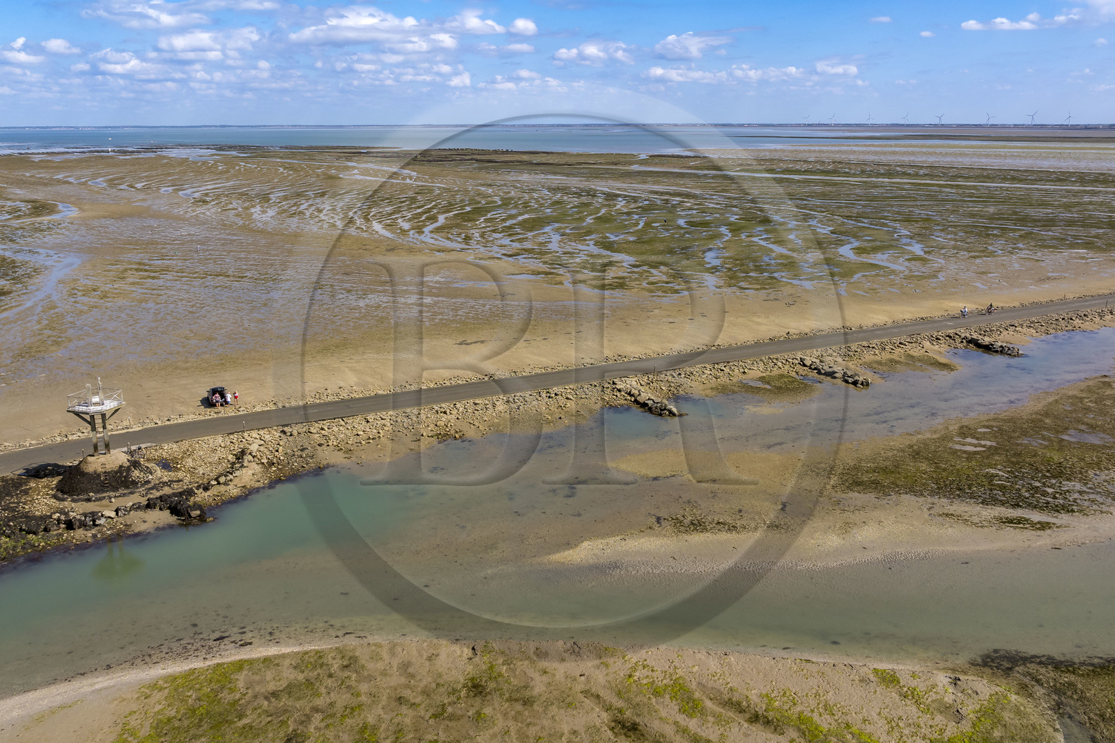 France, Vendée (85), île de Noirmoutier, Barbatre, l'estran en bordure du passage du Gois, chaussée submersible qui relie l'île au continent à marrée basse (vue aérienne)