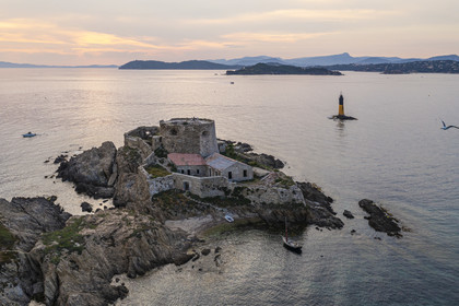 France, Var, Iles d'Hyeres, Parc National de Port Cros (National park of Port Cros), Porquerolles island, the 17th century Fort du Petit Langoustier on its island (aerial view)