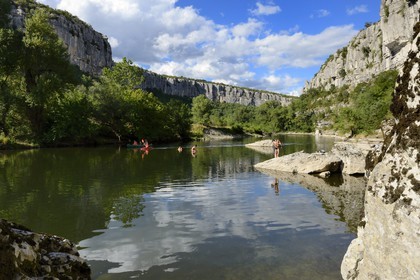 France, Ardeche, Ruoms, kayaks going down the Ardeche River in the Ruoms to Pradons Narrow Pass, cirque de Giens