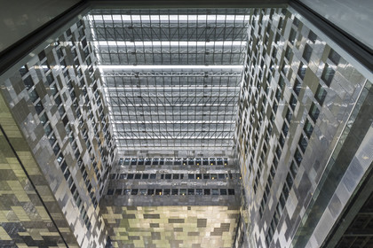 France, Herault, Montpellier, Port Marianne district, the City Hall designed by architects Jean Nouvel and François Fontes, mobile perforated awnings depending on the sunshine on the patio between water and sky