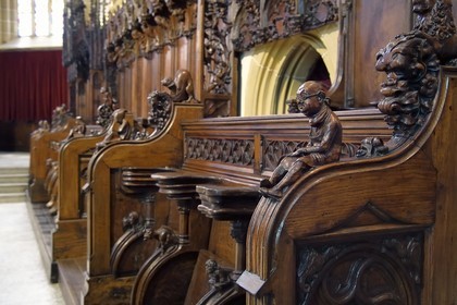France, Haut Rhin, the Alsace Wine Route, Thann, the 14th century Saint-Thiebaut Collegiate Church, 15th century carved stalls in the choir