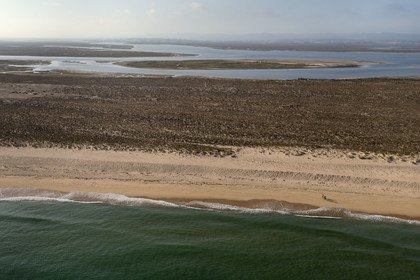 Portugal, Algarve, Ria Formosa Natural Park, Faro, Island of Barreta or Deserta (Ilha da Barretta or Deserta), the beach (aerial view)