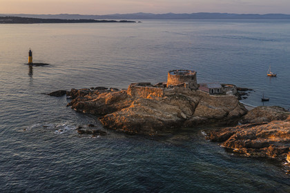 France, Var, Iles d'Hyeres, Parc National de Port Cros (National park of Port Cros), Porquerolles island, the 17th century Fort du Petit Langoustier on its island (aerial view)