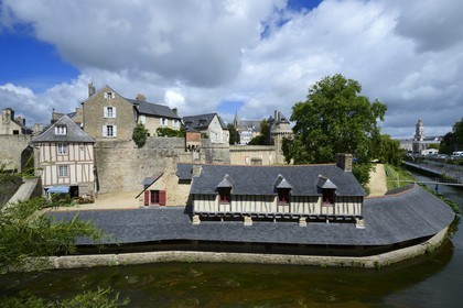 France, Morbihan (56), Golfe du Morbihan, Vannes, le lavoir sur les bords du Sené et l'église Saint Patern en arrière plan