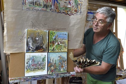 France, Finistere, Lannilis, Prat Ar Coum, the artist Loic Madec in his workshop