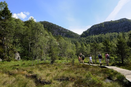 Norway, Rogaland County, around Lysefjord, hiking trail leading to Preikestolen Rock
