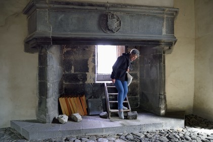 France, Cantal, Saint Flour, Saint Pierre (St Peter) cathedral, fireplace in the former Episcopal Palace which serves as a passage with the roofs of the cathedral