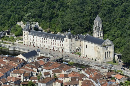 France, Dordogne, Brantome, Saint Pierre benedictine abbey along the Dronne river and the village (aerial view)