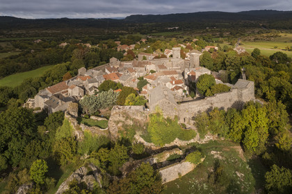 France, Aveyron, Causses and the Cévennes, cultural landscape of Mediterranean agro-pastoralism, listed as World Heritage by UNESCO, La Couvertoirade, labelled Les Plus Beaux Villages de France (The Most Beautiful Villages of France), fortified village on the Larzac plateau (aerial view)