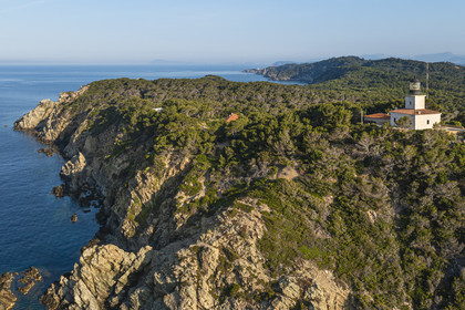 France, Var, Iles d'Hyeres, Parc National de Port Cros (National park of Port Cros), Porquerolles island, the lighthouse (aerial view)