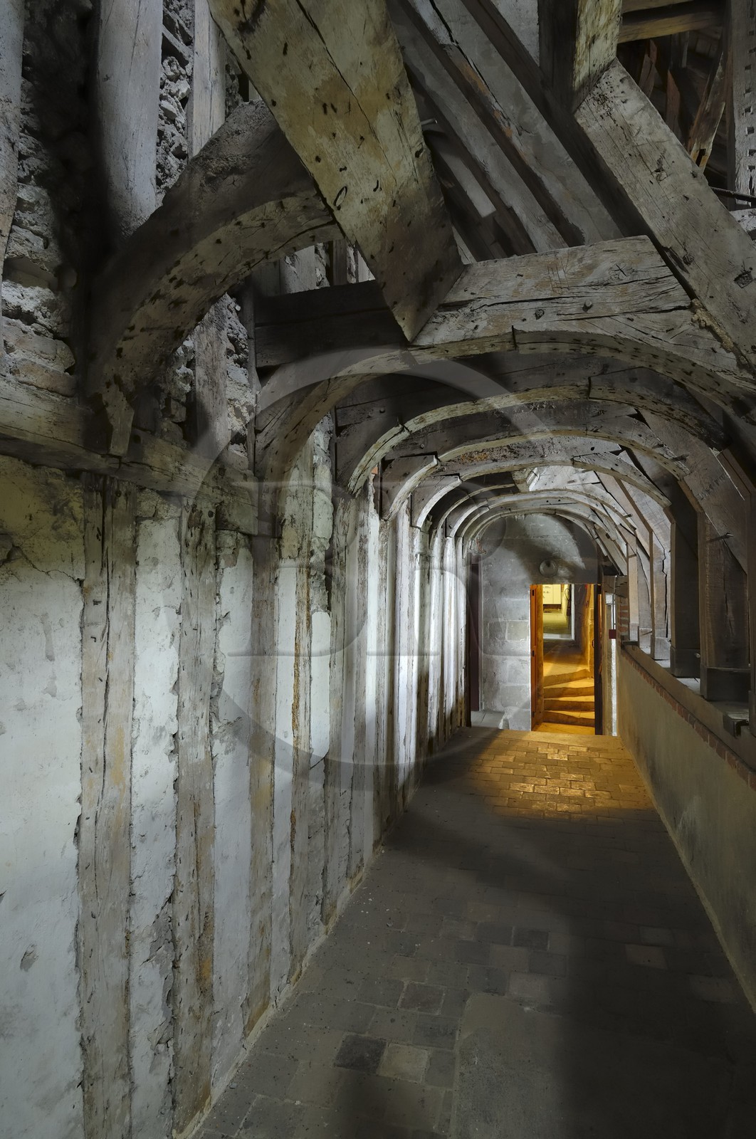 France, Loir-et-Cher (41), vallée de la Loire classée au Patrimoine Mondial de l'UNESCO, château de Blois, chemin de ronde des remparts médiévaux sous la charpente François 1er
