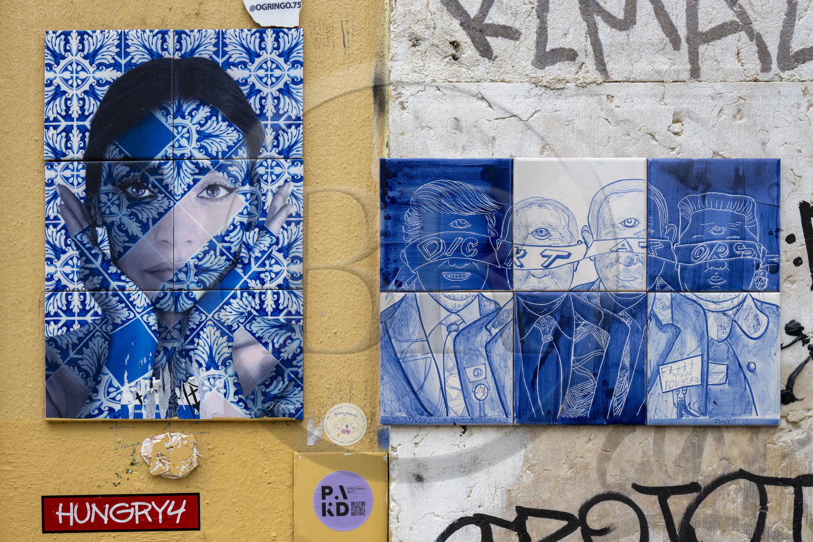 Portugal, Lisbon, Bairro Alto district, street art on ceramic by artists Ogringo.75 and Dacosta