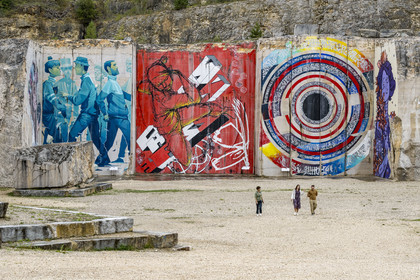 France, Cote d'Or, Villars Fontaine, La Karriere, street art frescoes in a former Burgundy stone quarry (aerial view)
