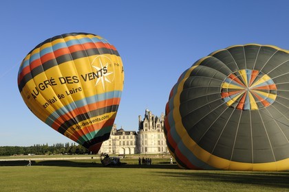 France, Loir et Cher, Loire Valley listed as World Heritage by UNESCO, Chateau de Chambord, air balloon taking off