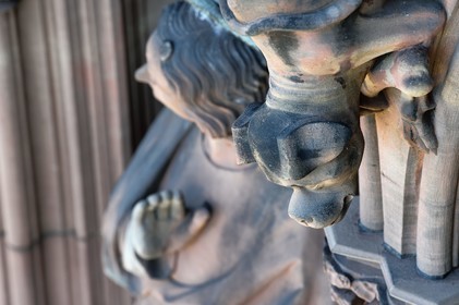 France, Bas Rhin, Strasbourg, old town listed as World Heritage by UNESCO, Notre Dame Cathedral, the western facade, the gallery of the apostles, deformed and chimerical beings on the columns between the apostles