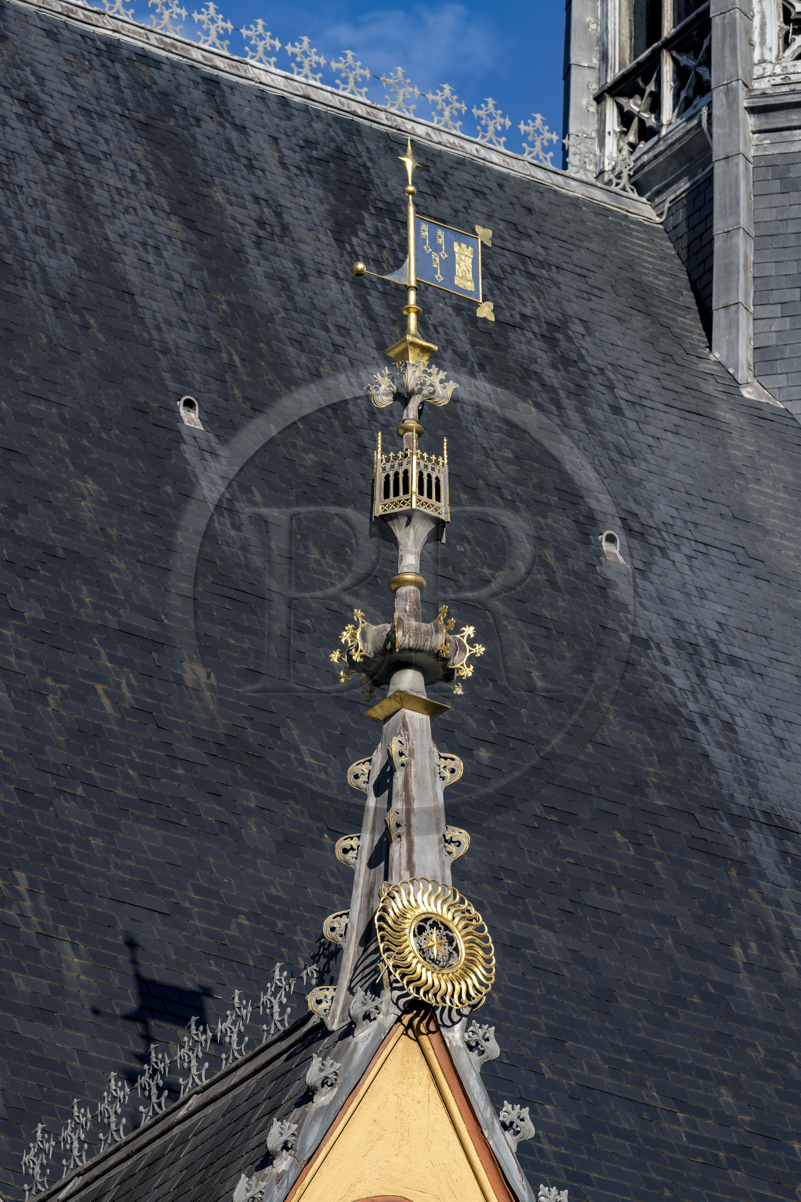 France, Côte-d'Or (21), Beaune, zone classée Patrimoine Mondial de l'UNESCO, Hospices de Beaune, l'Hôtel-Dieu, toiture du batiment de la salle des pôvres, détail de lucarne