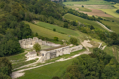 France, Cote d'Or, Curtil Vergy, ruins of the Saint-Vivant Abbey of Vergy, former Clunisian priory (aerial view)