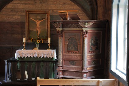 Norway, Sogn Og Fjordane County, Laerdal, Undredal in Aurland Fjord, wooden stave church called stavkirker or stavkirke built in 1147