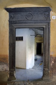France, Alpes-Maritimes, Roya Valley (Nice hinterland), at the foot of the Mercantour National Park, Tende, Palais Lascaris in the lower town, green slate lintel engraved with the monogram IHS meaning Jesus savior of men that keeps evil spirits away from the house