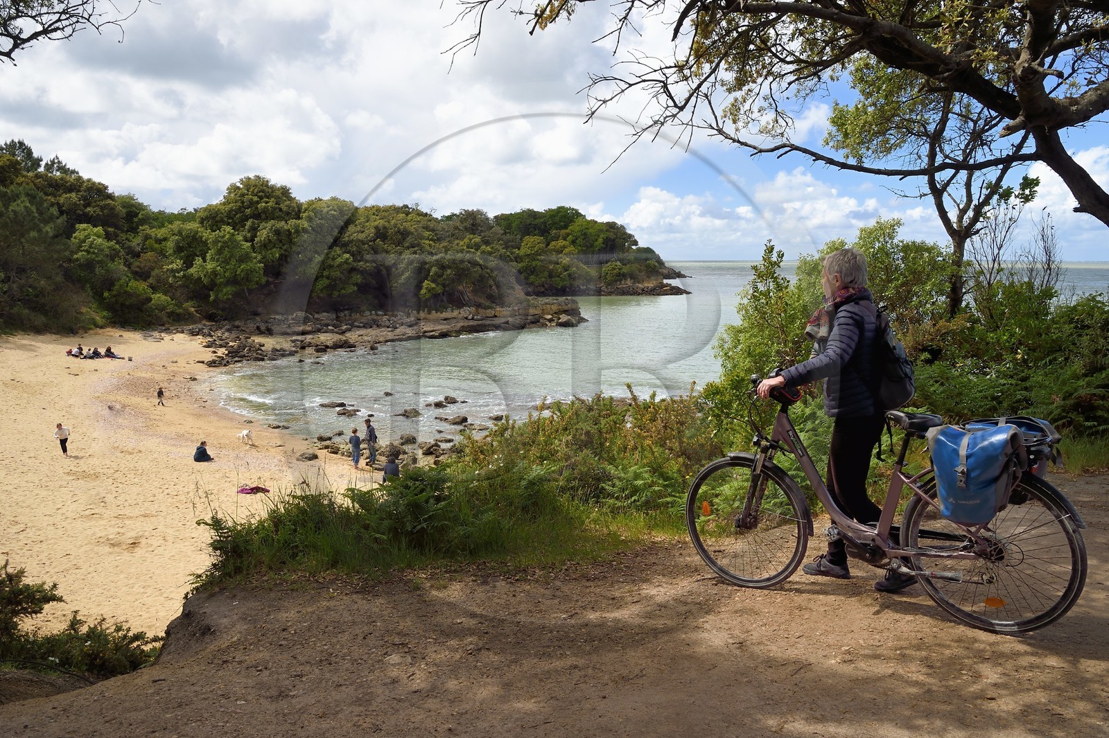 France, Charente-Maritime (17), Ile d'Aix, cycliste faisant la véloroute La Flow Vélo arrivant à la crique de la plage des Sables d’Or France, Charente-Maritime (17), Ile d'Aix, cycliste faisant la véloroute La Flow Vélo arrivant à la crique de la plage des Sables d’Or