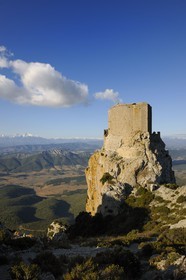 France, Aude, Cathar castle of Queribus and the Pyrenees