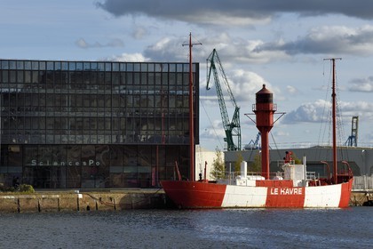 France, Seine Maritime, Le Havre, docks area, Sciences Po building and the lightvessel (lightship) in the Eure basin