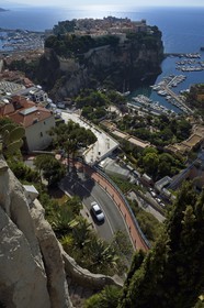 Principality of Monaco, Monaco, the Exotic Garden with a huge variety of Succulent plant species, the Rock and the Fontvieille port in the background