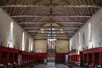 France, Cote d'Or, Beaune, area listed as World Heritage by UNESCO, Hospices de Beaune, Hotel Dieu, the Great Hall of the Poor, frame in oak paneling and engouled beams