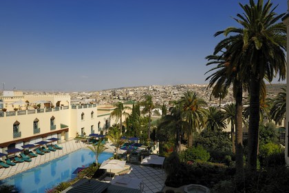 Morocco, Middle Atlas, Fez, Imperial City, Sofitel Palais Jamai Hotel with a view of the whole city