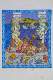 France, Hérault (34), Sète, peinture murale illustration de la chanson de Georges Brassens Le Cocu dans la rue de Tunis