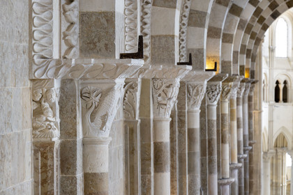 France, Yonne, regional natural park of Morvan, Vézelay, a UNESCO World Heritage site, labelled Les Plus Beaux Villages de France, starting point of one of the main ways to Santiago de Compostela, the Basilica of Saint Mary Magdalene, the capitals above the nave and the choir in the background