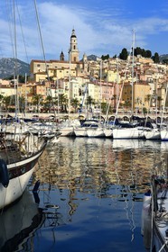 France, Alpes-Maritimes, Menton, the port and the old town dominated by the St Michel Basilica