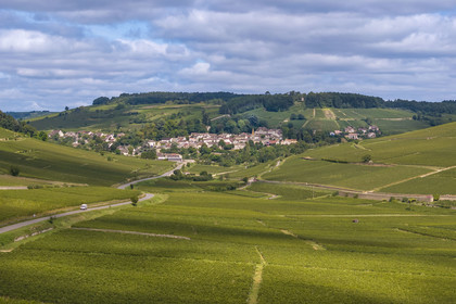 France, Cote d'Or, Climats terroirs of Burgundy listed as World Heritage by UNESCO, Route des Grands Crus, Cote de Beaune vineyard, Pernand-Vergelesses, the village and the Notre-Dame de Bonne Espérance oratory in the background (aerial view)