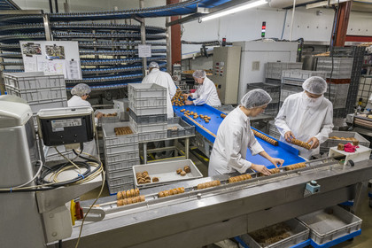 France, Côte-d'Or (21), Dijon, la fabrique de pains d'épices de la la maison Mulot et Petitjean, emballage des nonnettes, le produit phare France, Cote d'Or, Dijon, the gingerbread factory of the Mulot et Petitjean house, packaging of nonnettes, the flagship product