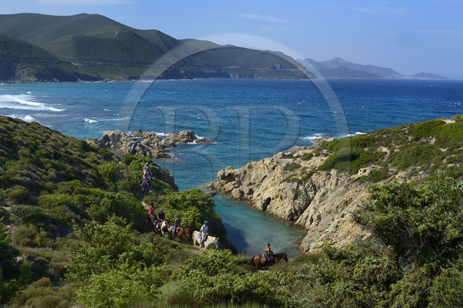 France, Haute-Corse (2B), Nebbio, désert des Agriates, Anse de Peraiola, cavaliers à l'Est de la plage d'Ostriconi