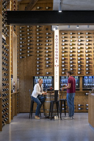 France, Cote d'Or, Dijon, area listed as World Heritage by UNESCO, International Cité of Gastronomy and Wine by architect Anthony Béchu, the Cave de la Cité wine library offers around 3,000 wine references in the gastronomic village