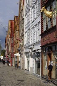 Norway, Hordaland County, Bergen, wooden houses in Bryggen District, listed as World Heritage by UNESCO, former trading post of the Hanseatic League