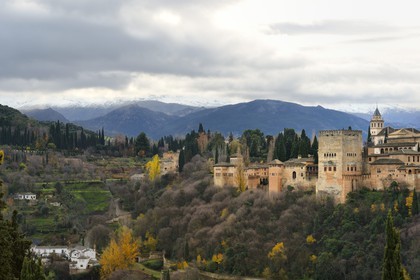 Spain, Andalusia, Granada, Alhambra, listed as World Heritage by UNESCO, and the Sierra Nevada mountains