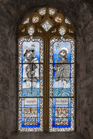 France, Aveyron, Causses and the Cévennes, cultural landscape of Mediterranean agro-pastoralism, listed as World Heritage by UNESCO, La Couvertoirade, labelled Les Plus Beaux Villages de France (The Most Beautiful Villages of France), fortified village on the Larzac plateau, Saint-Christol church stained glass