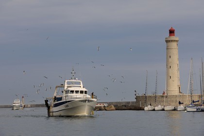 France, Hérault (34), Sète, Vieux Port, retour de pêche d'un chalutier et le phare du Môle Saint-Louis